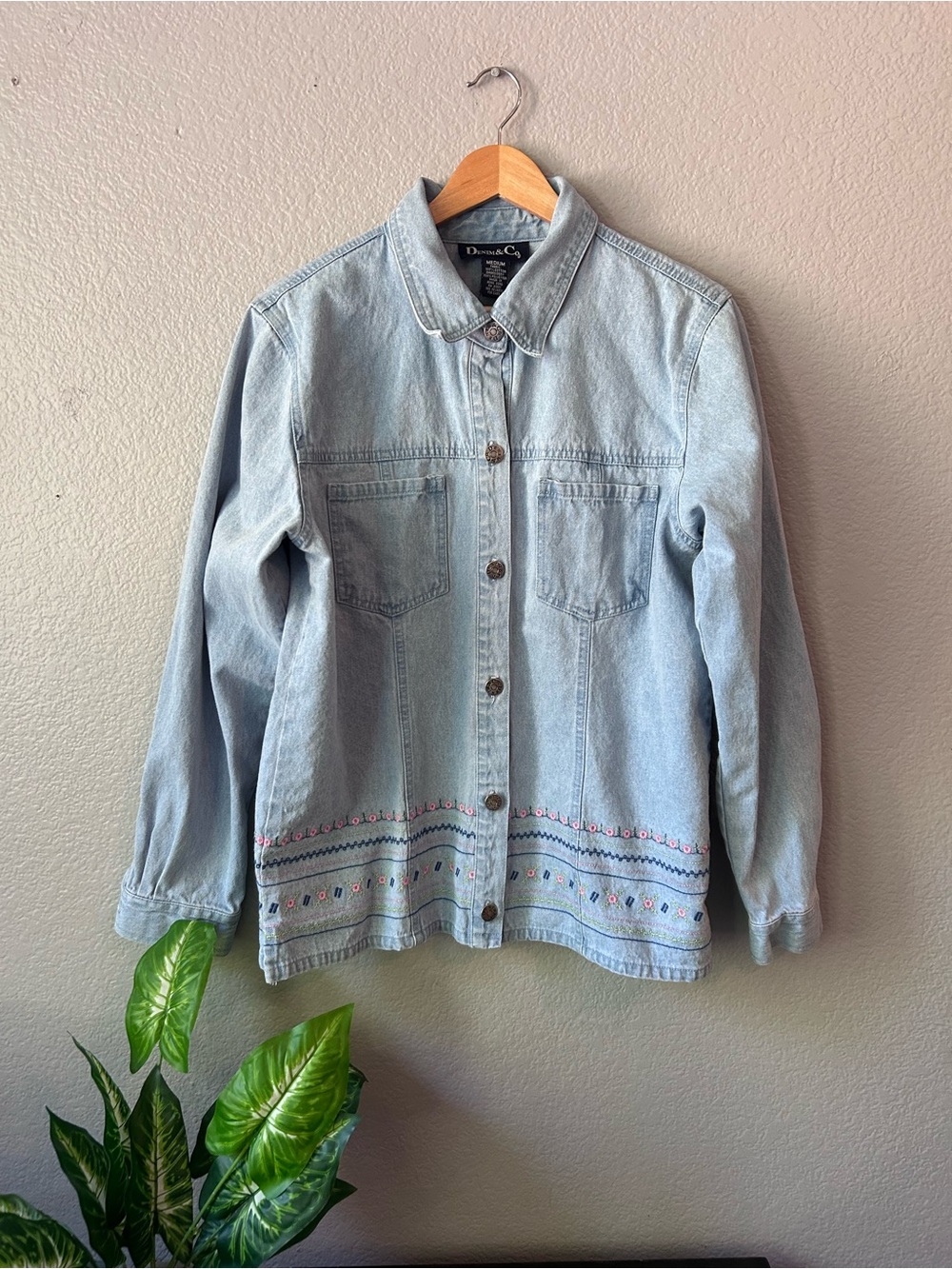 Denim&Co Light Wash Denim Button-Front Jacket Shirt with Embroidery